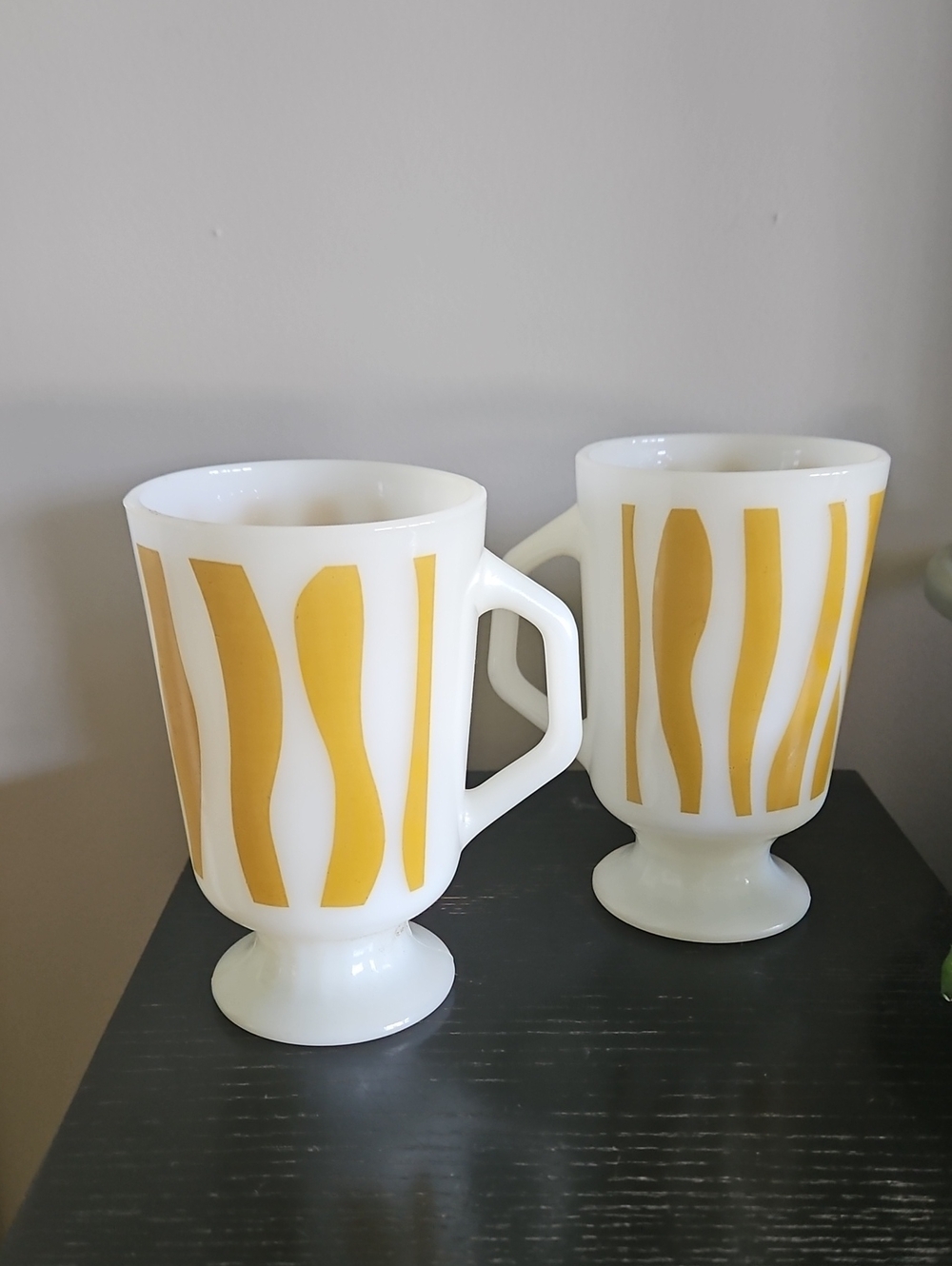 VINTAGE Fire King PAIR OFWhite Pedestal Mugs with Mustard Yellow Ribbon Stripes